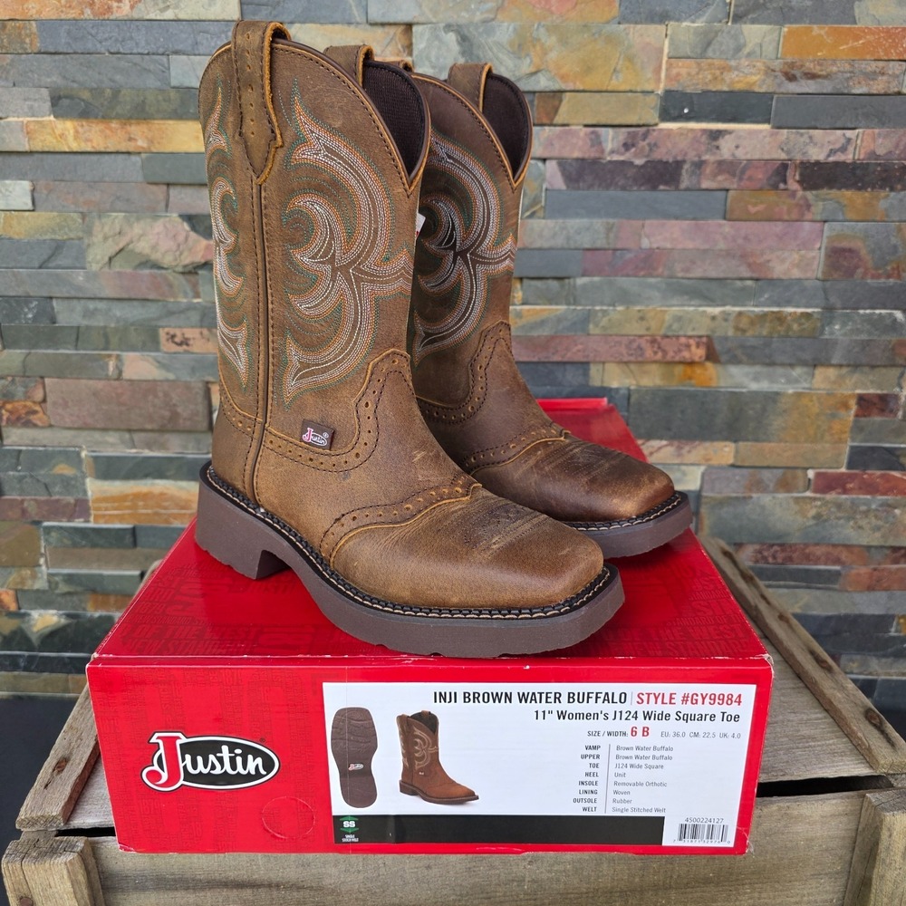 Justin Boots INJI Brown Water Buffalo Wide Square Toe Boots Size 6B GY9984 NEW - Picture 4 of 16